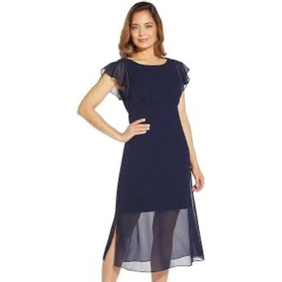 Adrianna Papell Dresses & Skirts - Adrianna Papell Navy Blue Flutter Sleeve Empire Waist Chiffon Midi Dress Size 10